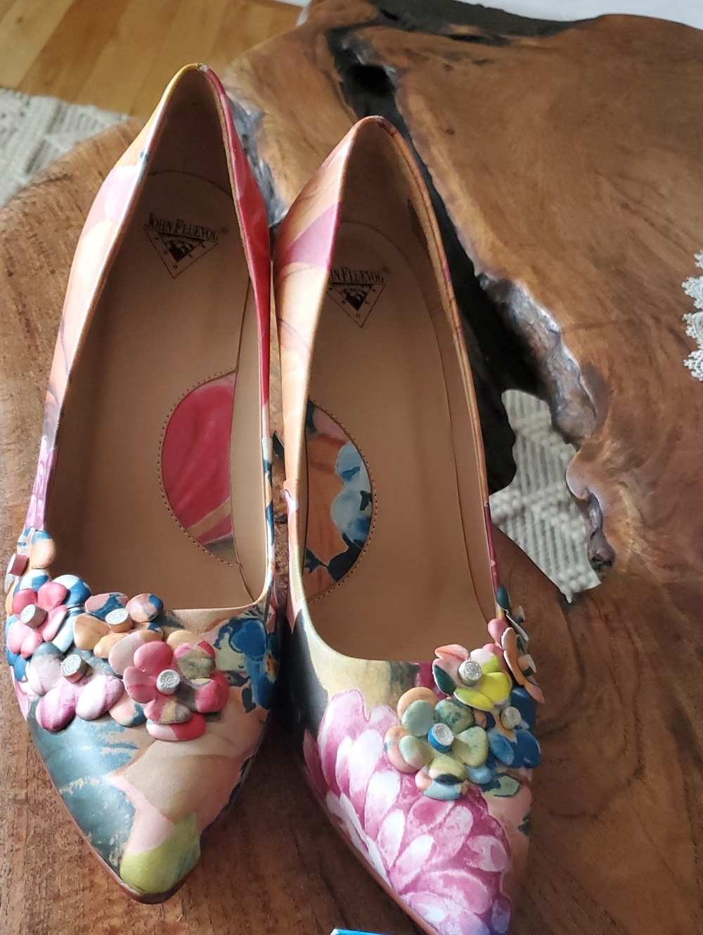 John Fluevog  Viola Multicolor Floral Pointed-Toe Pumps with Appliqué